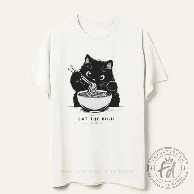Eat The Rich Cat Eating Ramen Noodles Funny Black Cat T-Shirt
