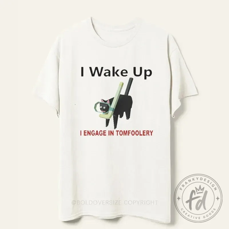 I Wake Up I Engage In Tomfoolery Funny Black Cat Hockey Player T-Shirt