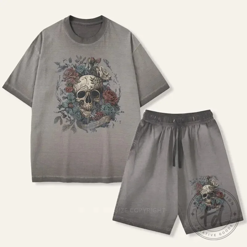 Vintage Rock and Roll Skull and Roses Gradient Washed T-Shirt and Shorts Set