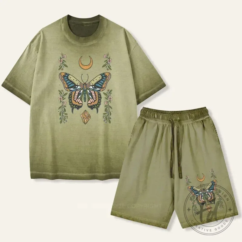 Vintage Butterfly Eyes Gradient Washed T-Shirt and Shorts Set
