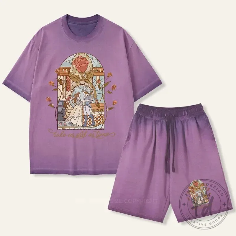 Beauty and the Beast Stained Glass Art Purple Gradient Washed T-Shirt and Shorts Set