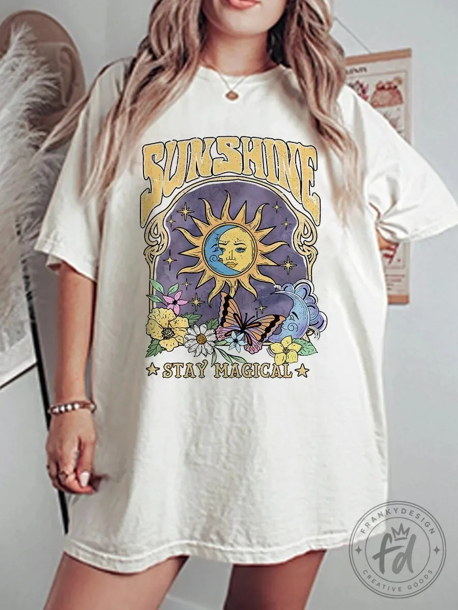 Vintage Sunshine Stay Magical Celestial Sun Moon Butterfly Graphic T-Shirt