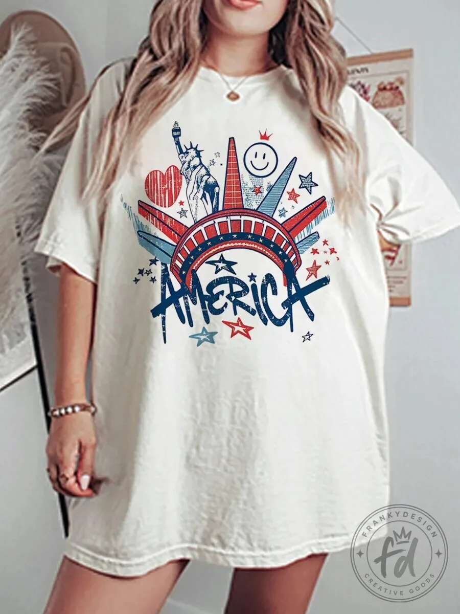 America Patriotic Statue of Liberty Stars and Stripes Graphic T-Shirt