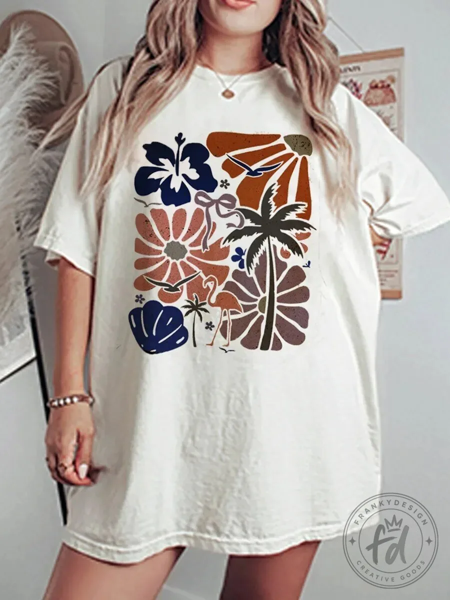 Vintage Beach Flower Oversized Graphic T-Shirt for Women